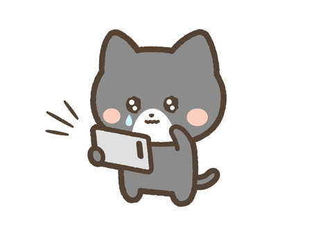 スマホ動画を見て泣くねこ（黒ネコ） ねこ,スマホ,動画のイラスト素材