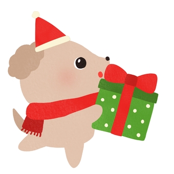 クリスマスプレゼントを持った犬 クリスマス,プレゼント,犬,サンタ,帽子,マフラー,持つ,動物,冬,絵本のイラスト素材
