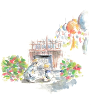姉弟と風鈴 風鈴,姉弟,夏,風景,水彩画,夏休み,顔彩,植木,秘密基地,ポストカードのイラスト素材