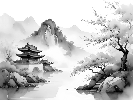山水画　中国　AI生成画像