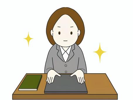 机の上をきちんと整理する人 几帳面,真面目,きちんと,きちっと,女性,神経質,性質,性格,きちきち,まっすぐのイラスト素材