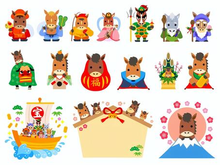 午年の年賀素材 午年,午,馬,正月,セット,年賀,七福神,動物,かわいい,十二支のイラスト素材