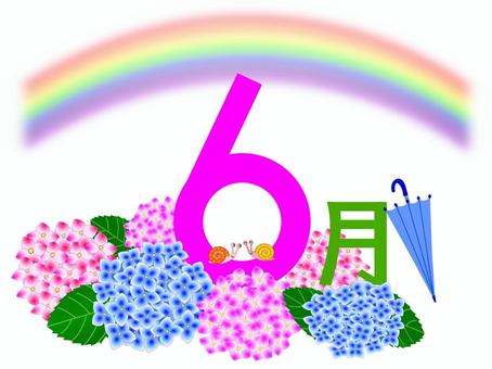 6月の季節のイラスト・あじさい　虹 6月,カレンダー,アジサイ,カタツムリ,虹,傘,暦,歳時記,季節,夏のイラスト素材