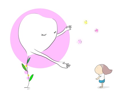 木と女の子　おかっぱ 若葉,木,ぬくもり,女の子,立つ,見ているのイラスト素材