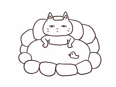 温泉に浸かっている猫の白黒イラスト 温泉,猫,銭湯,湯,リラックス,風呂,手描き,白黒,線画,温まるのイラスト素材