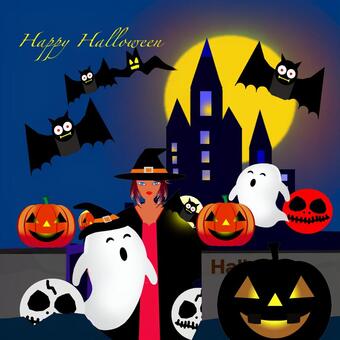 ハロウィン月夜 ハロウィン,月,魔女,カボチャ,お化け,コウモリのイラスト素材