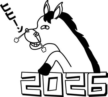 西暦2026 西暦,2026,年賀状,馬,干支,キャラ,ギャグ,コミカル,白黒,素材のイラスト素材