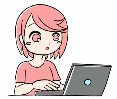 桃色の女の子　パソコン操作している ピンク,かわいい,手描き,女の子,女性,若い女性,ピンク髪,デフォルメ,ゆるいイラスト,人物イラストのイラスト素材