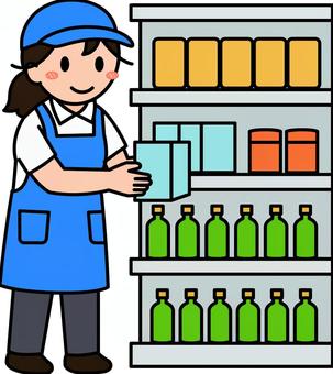 青のスタッフの品出しです。 スタッフ,シンプル,店員,品出し,陳列,作業,棚入れ,棚卸し,商品,管理のイラスト素材
