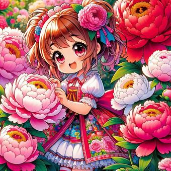 Pretty girl and peony flowers, , JPG