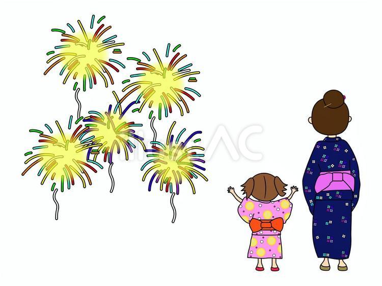 親子で花火大会（主線あり） 花火大会,花火,浴衣のイラスト素材