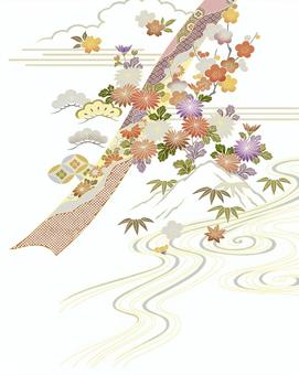 和柄素材（熨斗-山水-菊） 和柄,熨斗,山水,水流,紅葉,笹,菊,松,桜,雲のイラスト素材