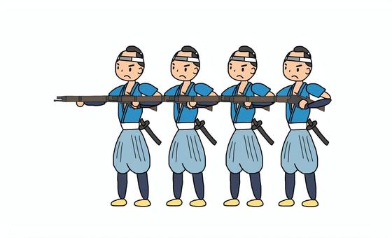 射撃をする旧幕府軍小隊 藩士,武士,侍,旧幕府軍,徳川幕府,江戸幕府,奥羽越列藩同盟,会津藩,庄内藩,明治維新のイラスト素材