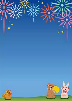 花火を見る動物たち（前）縦（背景あり） 花火,夜空,動物,うさぎ,くま,りす,花火大会,正面,夏,祭りのイラスト素材