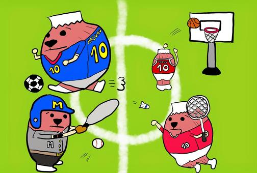 オリジナル筋肉キャラ　スポーツに挑戦 スポーツ,キャラクター,運動,健康,サッカー,野球,バスケットボール,バドミントン,ランニング,元気のイラスト素材