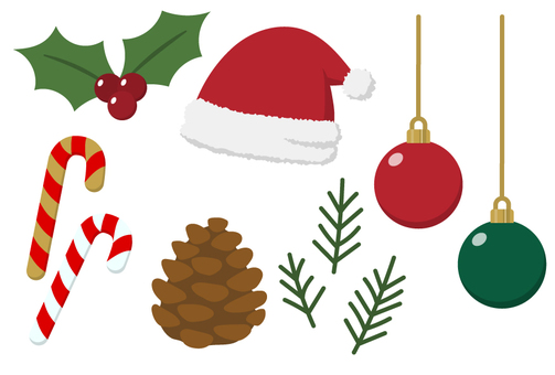 #3448クリスマス小物セット クリスマス,クリスマス飾り,クリスマスセット,サンタ帽子,サンタクロース,オーナメント,松ぼっくり,キャンディーケイン,ヒイラギ,柊のイラスト素材