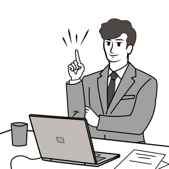デスクで閃いたサラリーマン２ ひらめき,アイデア,閃く,発想,サラリーマン,人物,男性,スーツ,上半身,解決のイラスト素材