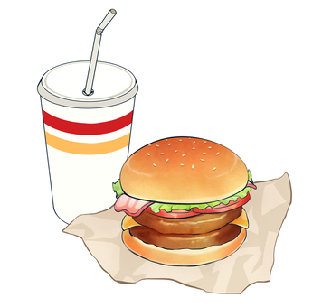 ハンバーガーとジュース ファストフード,ジャンクフード,ハンバーガー,ドリンク,フードメニュー,メニュー,食べ物,おやつ,昼食,夕食のイラスト素材