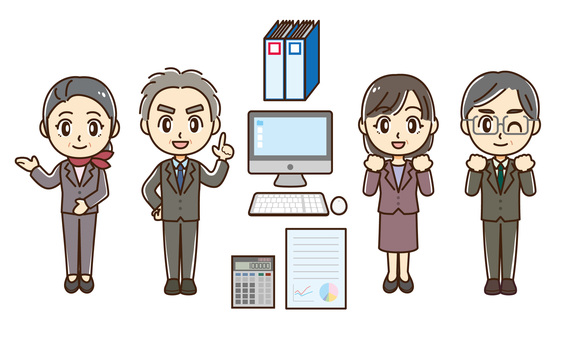 スーツの中高年セット（全身） スーツ,男女,男性,女性,仕事,会社員,受付,営業,ネクタイ,背広のイラスト素材