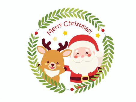 サンタとトナカイのアイコン/メリクリ サンタ,トナカイ,ハッピーホリデー,ベクター,ボタニカル,サンタクロース,サンタさん,おじいさん,葉,フレームのイラスト素材