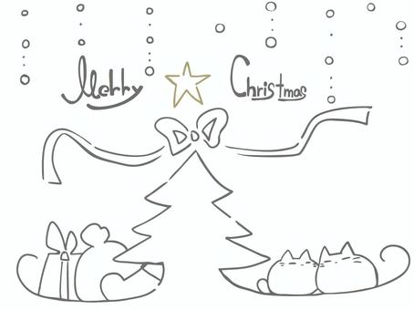 クリスマスライン ねこ ねこ,クリスマス,主線,線画,星,ツリー,リボン,雪,プレゼント,12月のイラスト素材