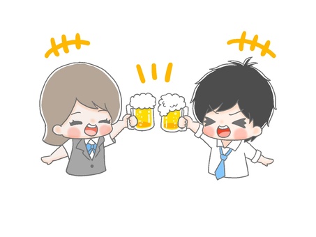 ビールで乾杯二人２ 手描き,男性,女性,黒髪,茶髪,会社員,仕事,ネクタイ,yシャツ,同僚のイラスト素材