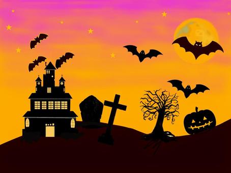 可愛いハロウィンの夜景 ハロウィン,コウモリ,満月,シルエット,夜空,ハロウィンナイト,ジャックオランタン,墓地,ホラーのイラスト素材