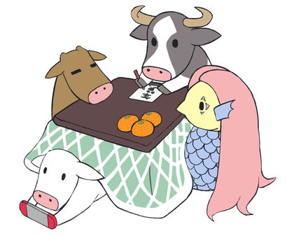 丑とアマビエとこたつ 丑とアマビエとこたつ 年賀状,丑,牛のイラスト素材