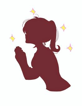 祈るポニーテールの女性　シルエット 女性,祈り,祈る,願う,願い,希望,神頼み,キラキラ,信者,シルエットのイラスト素材