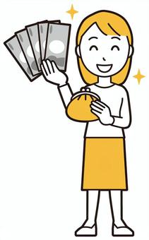  ロングヘア女性(黄)-209-全身 財布,女性,女の子,人物,かわいい,収入,給料,ボーナス,お札,現金のイラスト素材