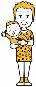  大阪のおばちゃん(黄)-070-全身 抱っこ,おばちゃん,大阪,ヒョウ柄,おばはん,中年,女性,関西,派手,おばさんのイラスト素材