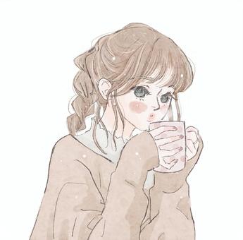 マグカップを持ってふーふーする女の子 女性,女の子,可愛い,マグカップ,カフェ,ピンクのイラスト素材