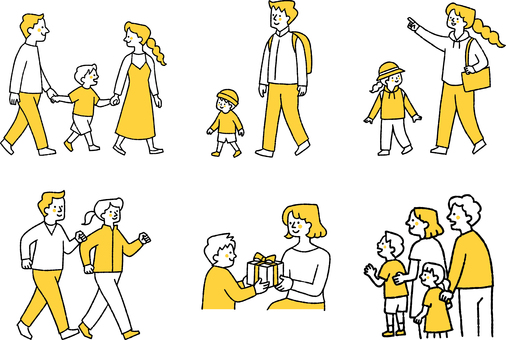 毎日の暮らしを楽しむ家族のセット 毎日,山歩き,母の日,散歩,ウォーキング,夫婦,親子,家族,帽子,バッグのイラスト素材