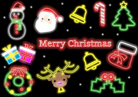ネオンのクリスマスアイコン ネオン,クリスマス,アイコン,サンタ,雪だるま,サンタクロース,クリスマスツリー,星,鈴,プレゼントのイラスト素材