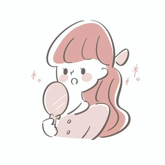 鏡をみて驚く女性　ゆるいイラスト 女性,女の子,可愛い,ゆるい,手書き,人物,表情,喜び,驚く,鏡のイラスト素材
