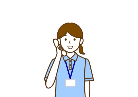 電話をするケアマネージャー・保健師の女性 名札,女性,ケアマネージャー,介護支援専門員,ポロシャツ,保健師,インストラクター,生活相談員,相談員,フェイスレスのイラスト素材