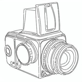 中盤フィルムカメラのシンプル線画イラスト カメラ,中判カメラ,フィルムカメラ,線画,クラシックカメラ,白黒,モノクロ,レトロ,グラフィック,ビンテージのイラスト素材