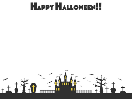 ハロウィンの怪しい館のフレーム背景　12 ハロウィン,秋,フレーム,文字,10月,城,手描き,コウモリ,シンプル,かわいいのイラスト素材