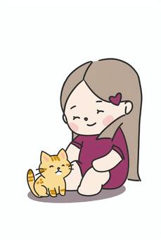 女の子と子猫 女の子,子猫,茶トラ,ハート,ワンピースのイラスト素材