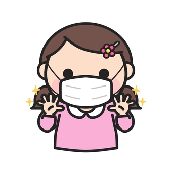 洗った手をみせるマスクをした女の子4 女の子,マスク,手洗い,保健だより,小児科,耳鼻科,手洗い指導,てあらい,清潔,衛生のイラスト素材