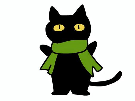 緑のマフラーをした黒猫 黒猫,マフラー,キャラクター,かわいい,ゆるい,冬,防寒,ワンポイント,挿絵,背景透過のイラスト素材
