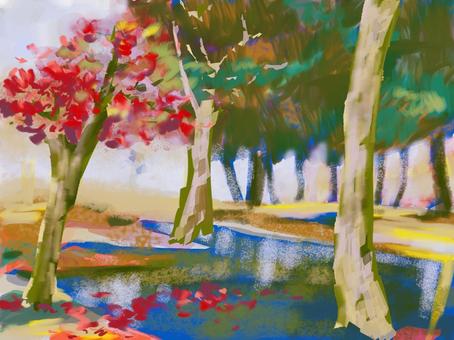 池のある公園の風景 公園,池,紅葉,風景画,絵画,風景,懐かしい,リラックス,パステルカラー,思い出のイラスト素材