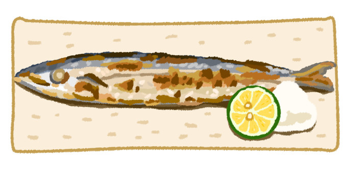 お皿の上の焼きさんまと大根おろしとすだち さんま,秋刀魚,皿,焼き魚,焼く,魚,秋,調理,旬,食べ物のイラスト素材