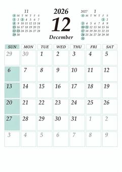 2026 12月 日曜始 カレンダー 縦 カレンダー,2026年,2026,令和8,12月,12,december,a4,祝日,マンスリーのイラスト素材