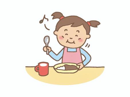 カレーライスをもぐもぐ食べる女の子 女の子,カレーライス,スプーン,ツインテール,音符,いただきます,おいしい,もぐもぐ,頬張る,米のイラスト素材
