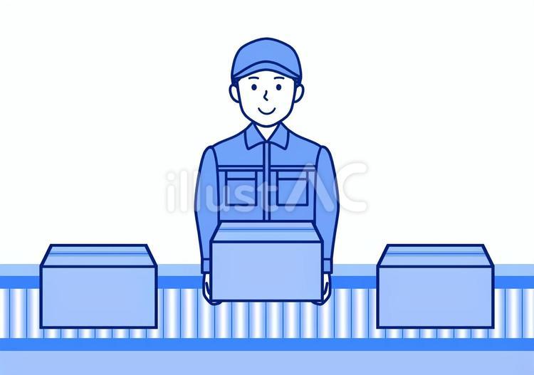 物流倉庫で仕分けの仕事をする作業員の男性 ダンボール,コンベア,ローラーのイラスト素材