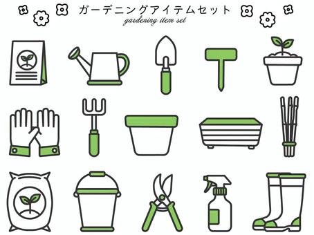 ガーデニング整理収納アイコン緑色セット ガーデニング,セット,じょうろ,じょろ,水差し,スコップ,園芸,ラベル,名札,プラスチックのイラスト素材