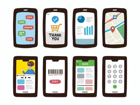 スマホの画面のバリエーションセット スマホ,スマートフォン,セット,wiーfi,現在地,アプリ,マーク,アイコン,ワンポイント,挿絵のイラスト素材