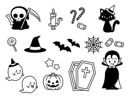 ハロウィン(白黒・整列) ハロウィン(白黒・整列) ハロウィン,カボチャ,ジャックオーランタン,死神,ロウソク,キャンディ,ペロペロキャンディ,黒猫,猫,パーティー帽のイラスト素材