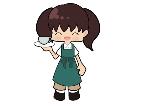 ツインテールの女の子 カフェ店員２ 女の子,かわいい,靴,ツインテール,全身,エプロン,ズボン,コーヒー,カップ,店員のイラスト素材